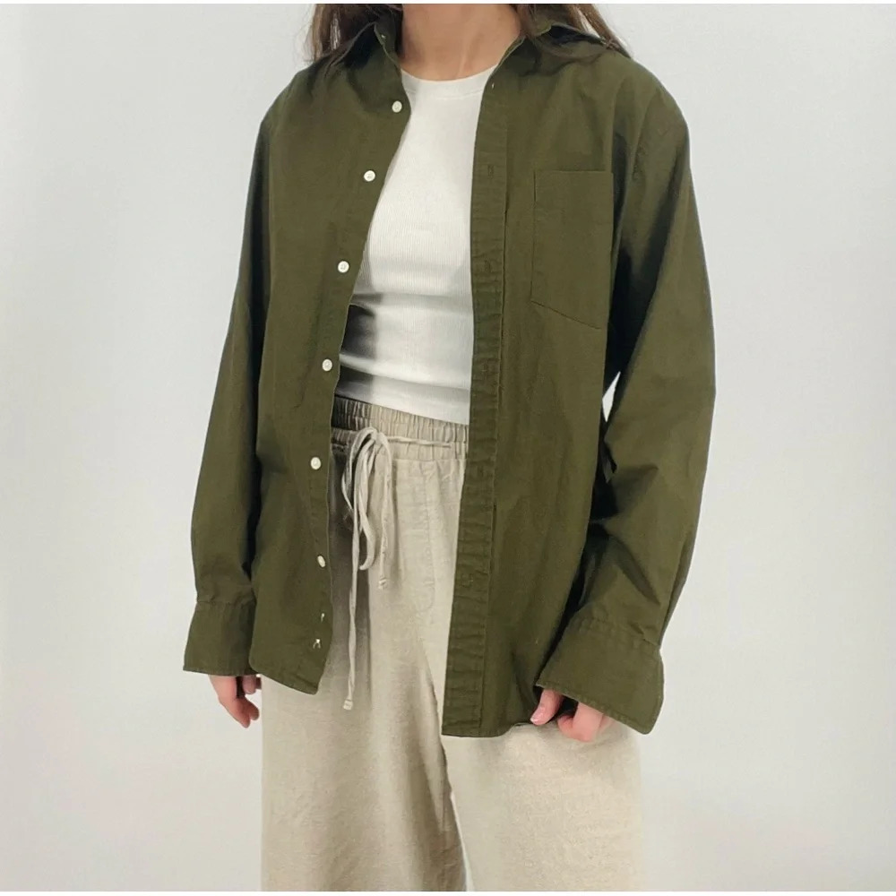 j. crew lush olive green oversized 100% cotton button down shirt size xs - Picture 1 of 7